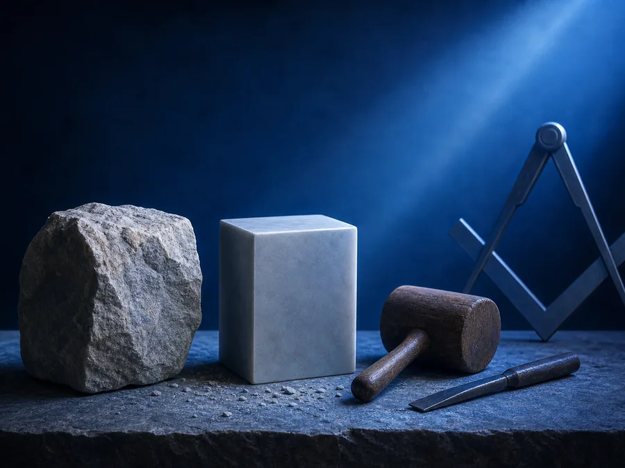 Pierre brute, pierre taillée, maillet et ciseau en lumière bleue