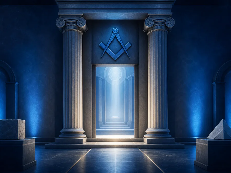 Temple symbolique avec équerre et compas bleus